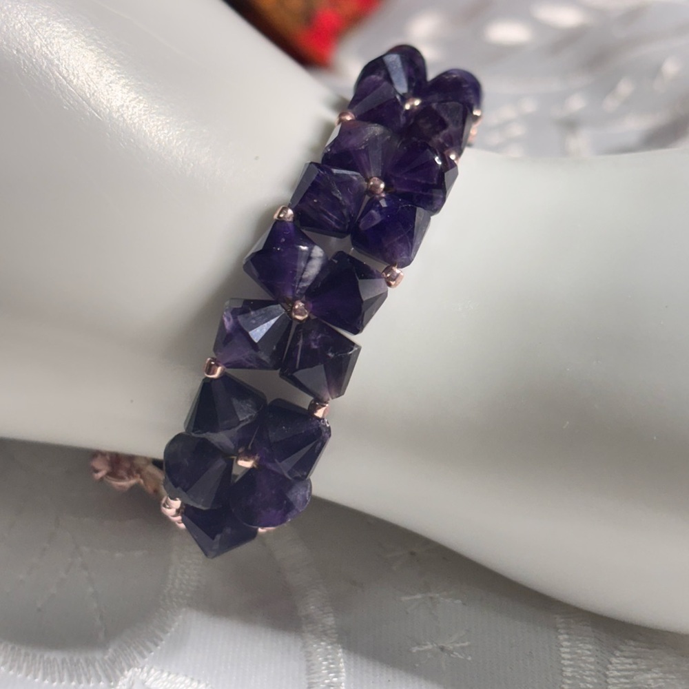 Handmade Amethyst Gemstone Bracelet rose gold tone lobster claw clasp 7.5 inches - Picture 2 of 9